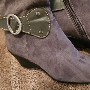 Gray Suede Knee-High Boots with Buckle Detail